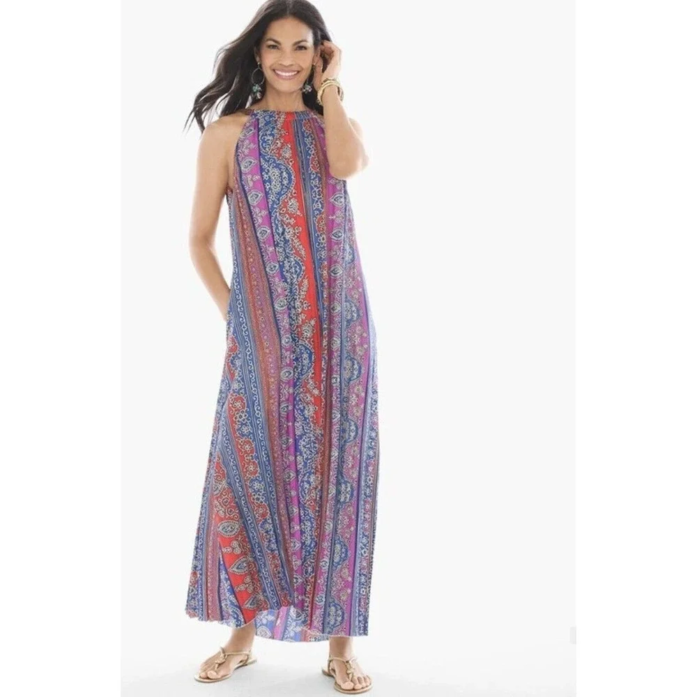 NWT! Chico's Henna Stripe Pleate Maxi Dress Women's Sz 1 (8/10) Tie Back Pockets NWT! Chico's Henna Stripe Pleate Maxi Dress Women's Sz 1 (8/10) Tie Back Pockets